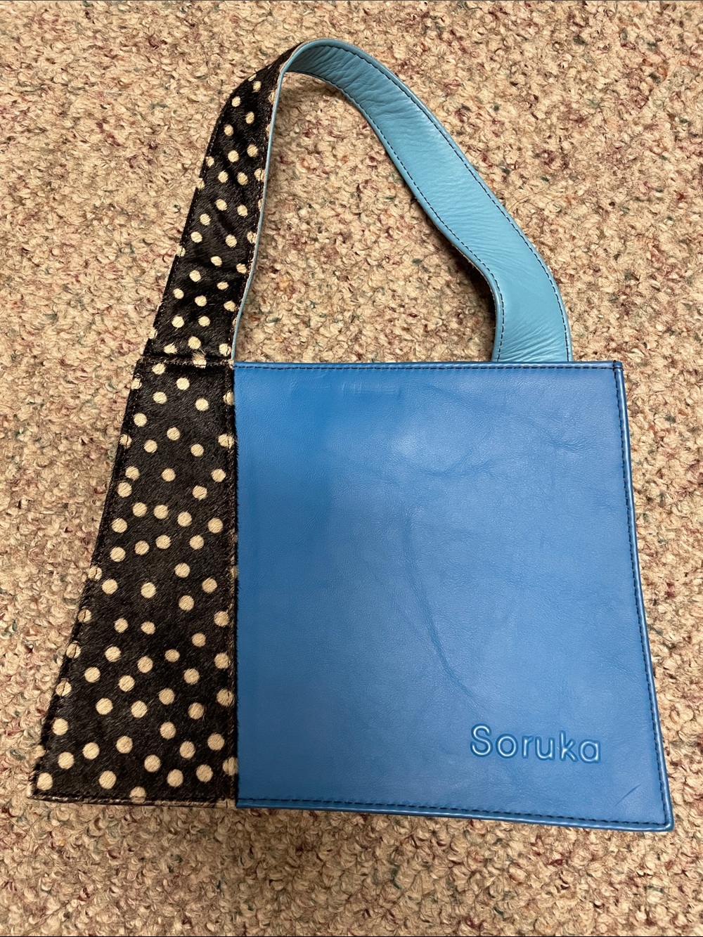 Soruka pony hair black/polka dot Blue Leather Shoulder Bag- adorable